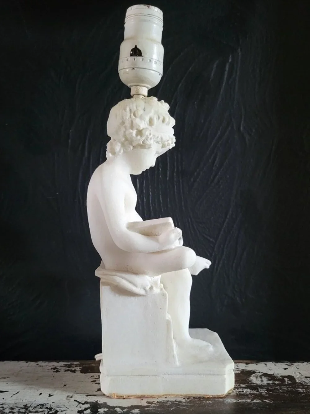 Vintage White Alabaster Sculpture Lamp Of Child Scribe After Canova 12.5 Inches